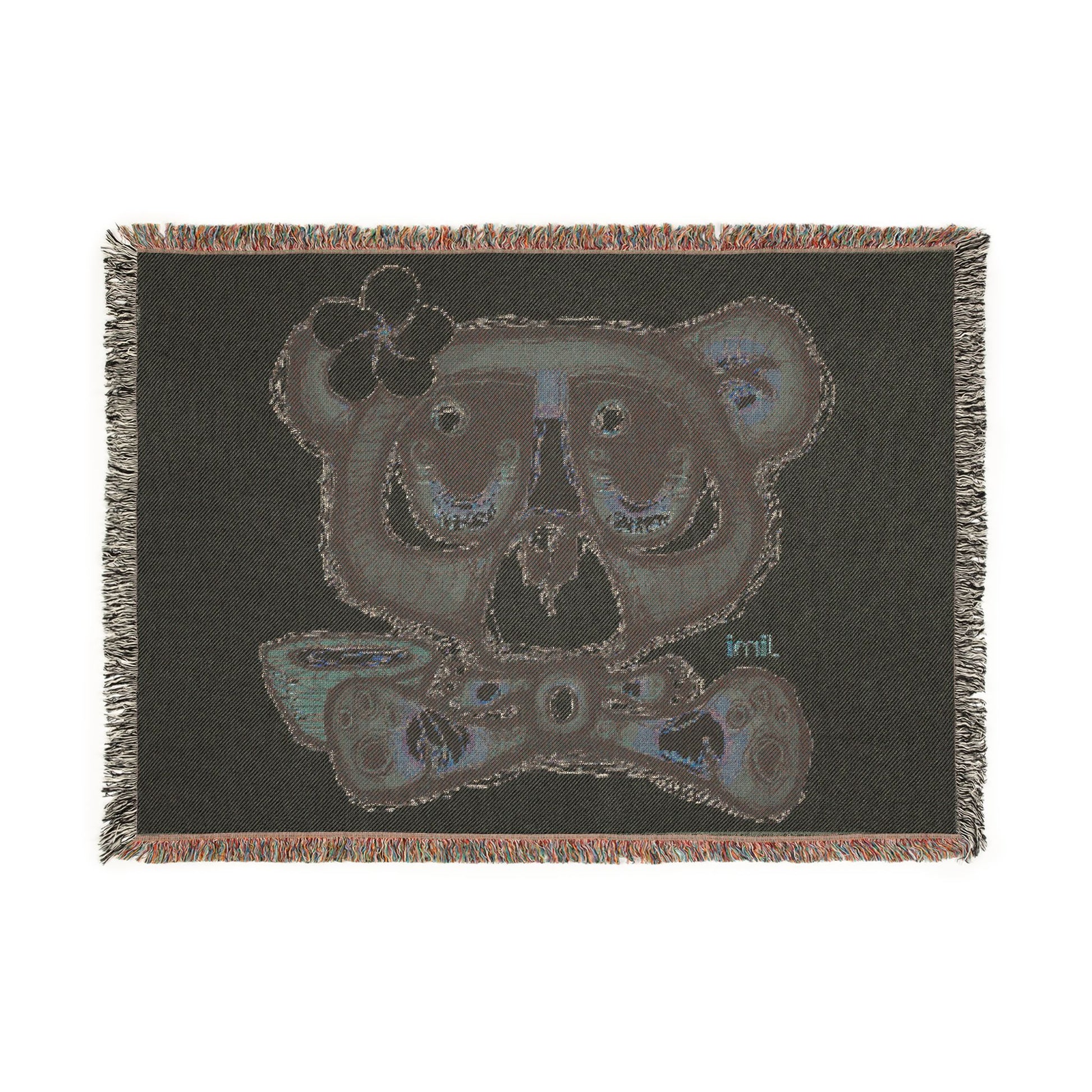 Woven Blanket — Cute Teddy Bear Skull Throw Blanket with Flower Accent