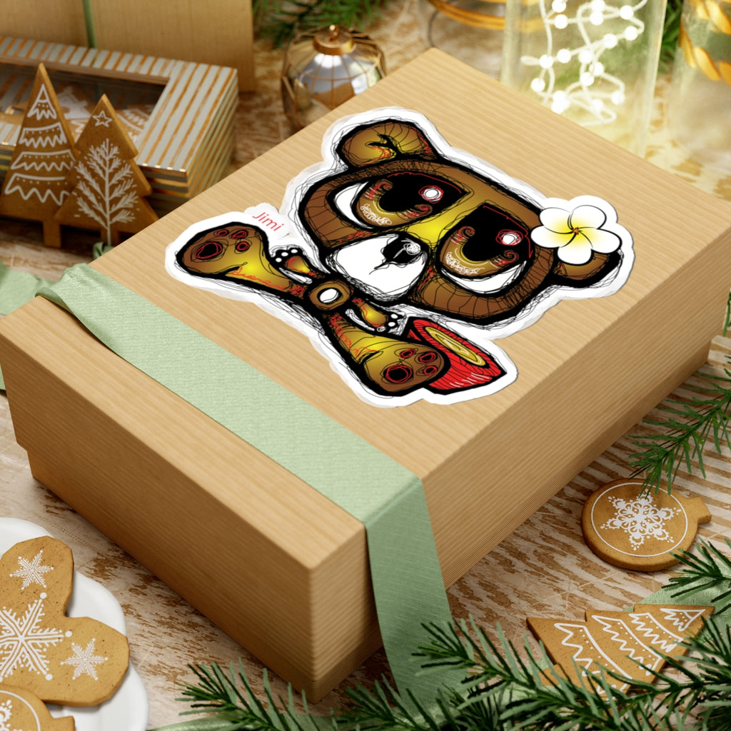 Cute Hawaiian Bear Kiss-Cut Sticker — Plumeria Surfboard Laptop Decal