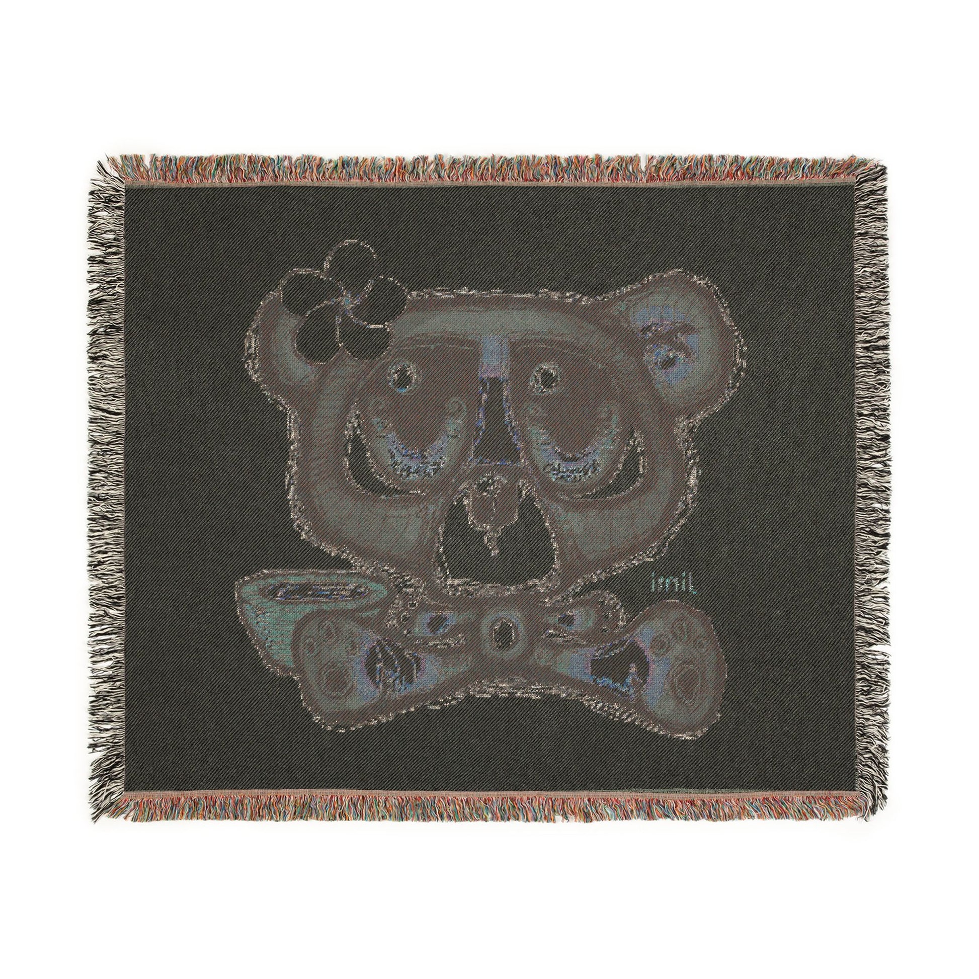 Woven Blanket — Cute Teddy Bear Skull Throw Blanket with Flower Accent