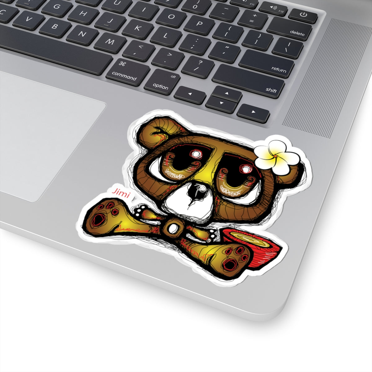 Cute Hawaiian Bear Kiss-Cut Sticker — Plumeria Surfboard Laptop Decal