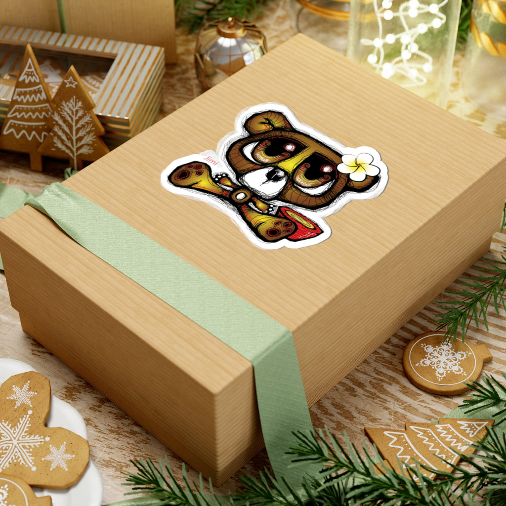Cute Hawaiian Bear Kiss-Cut Sticker — Plumeria Surfboard Laptop Decal