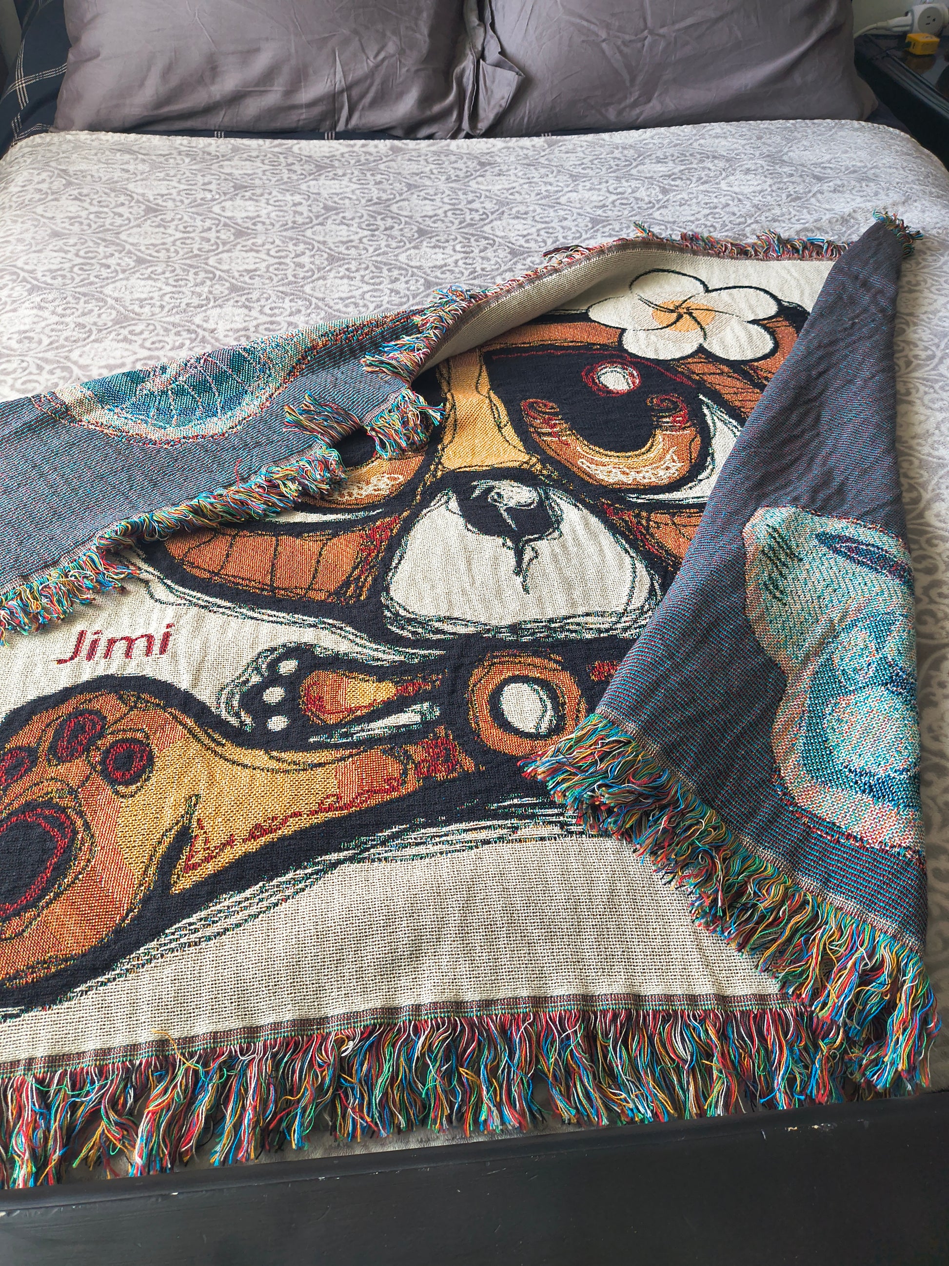 Woven Blanket — Cute Teddy Bear Throw Blanket with Plumeria Flower Accent