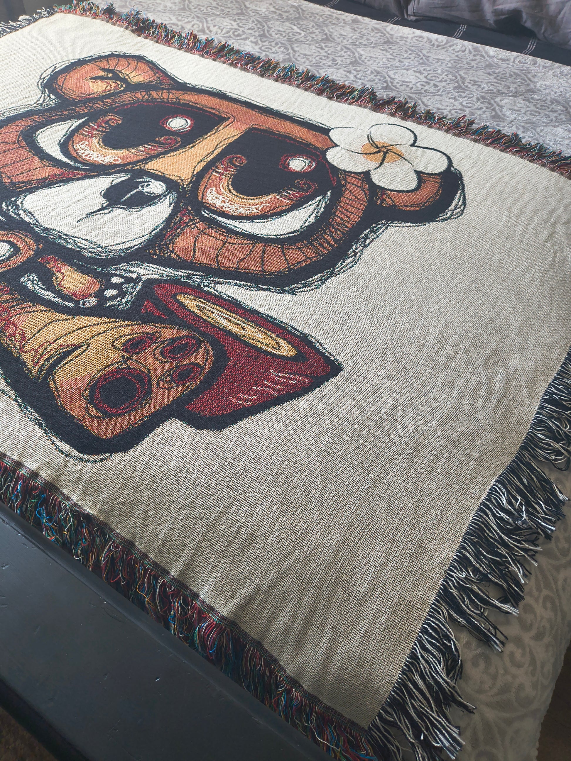 Woven Blanket — Cute Teddy Bear Throw Blanket with Plumeria Flower Accent