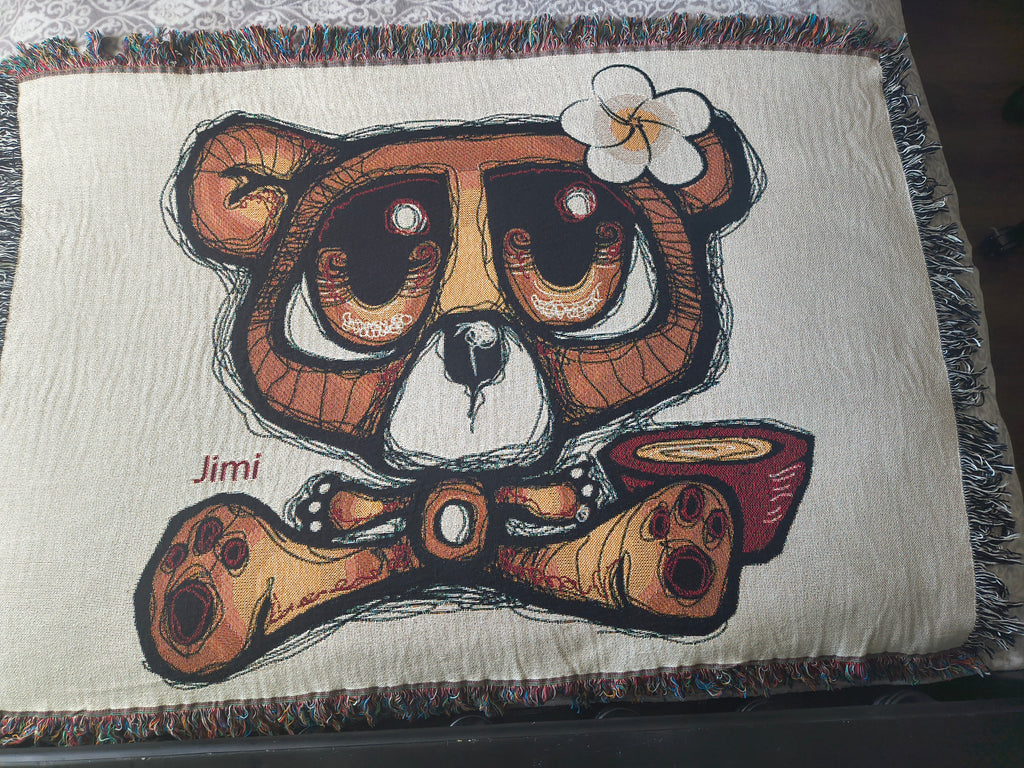 Woven Blanket — Cute Teddy Bear Throw Blanket with Plumeria Flower Accent