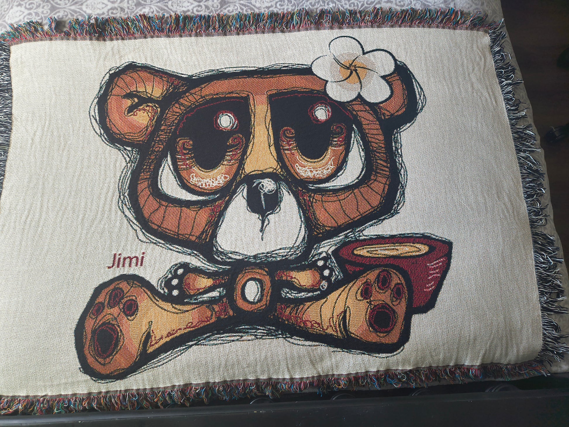 Woven Blanket — Cute Teddy Bear Throw Blanket with Plumeria Flower Accent