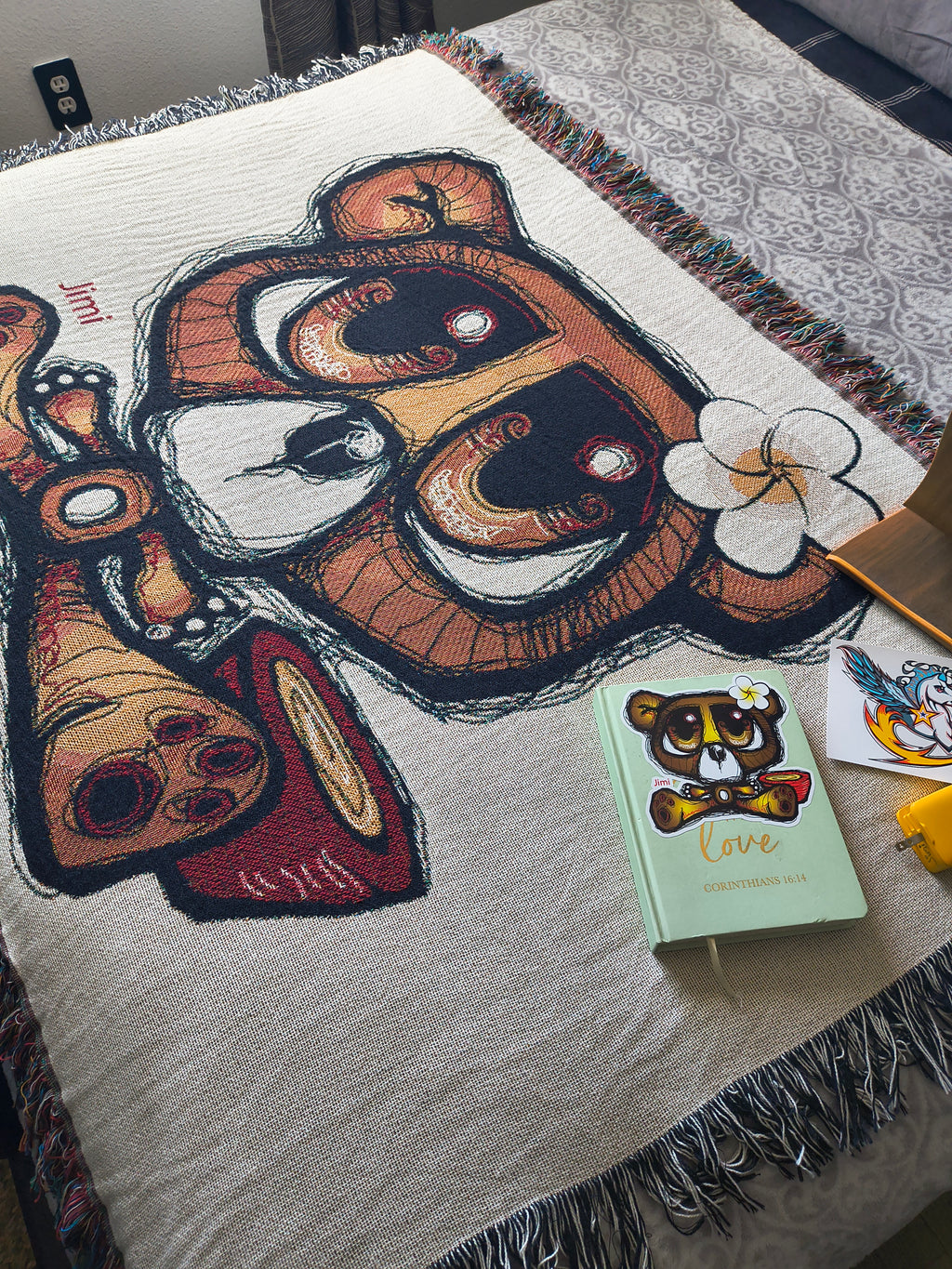 Woven Blanket — Cute Teddy Bear Throw Blanket with Plumeria Flower Accent