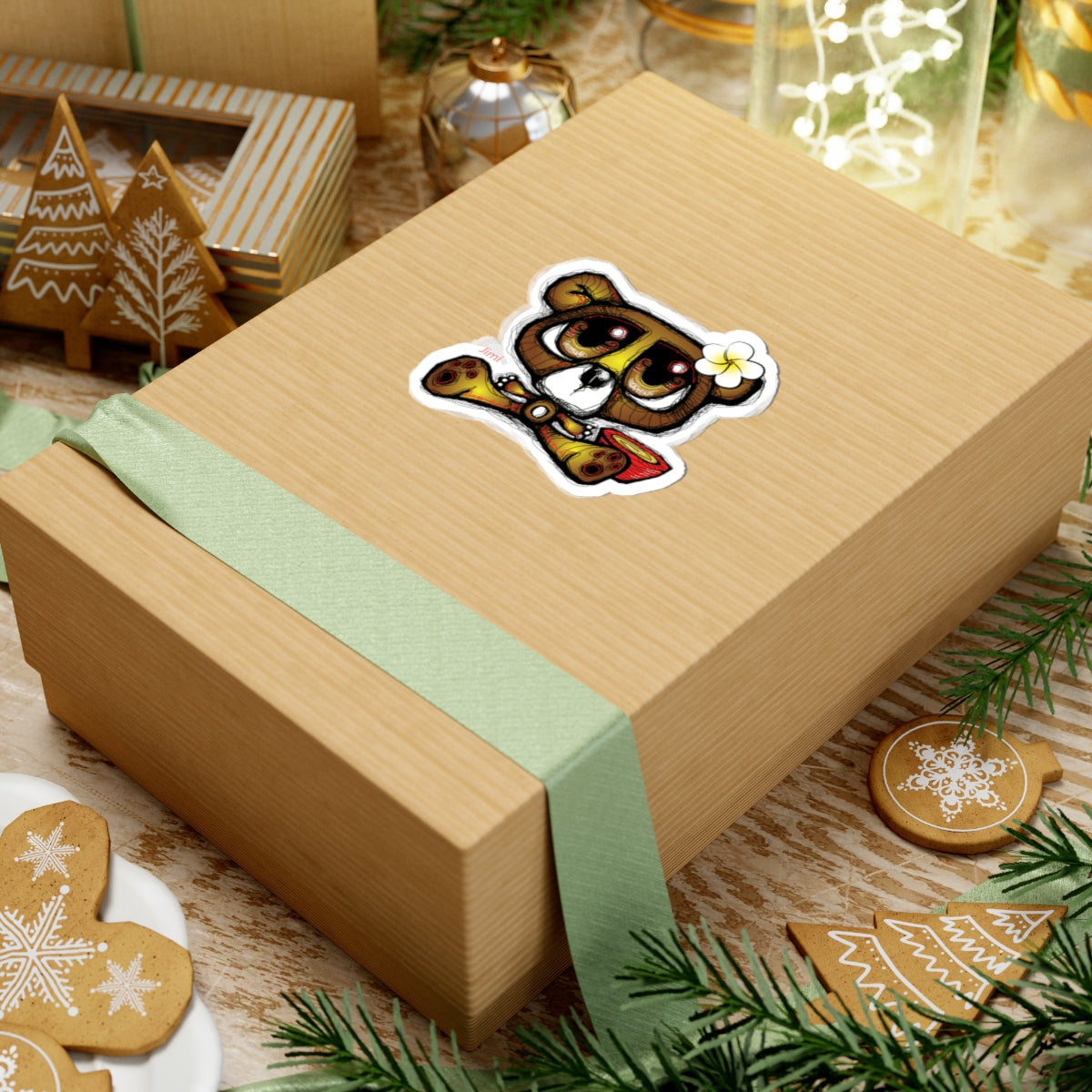 Cute Hawaiian Bear Kiss-Cut Sticker — Plumeria Surfboard Laptop Decal