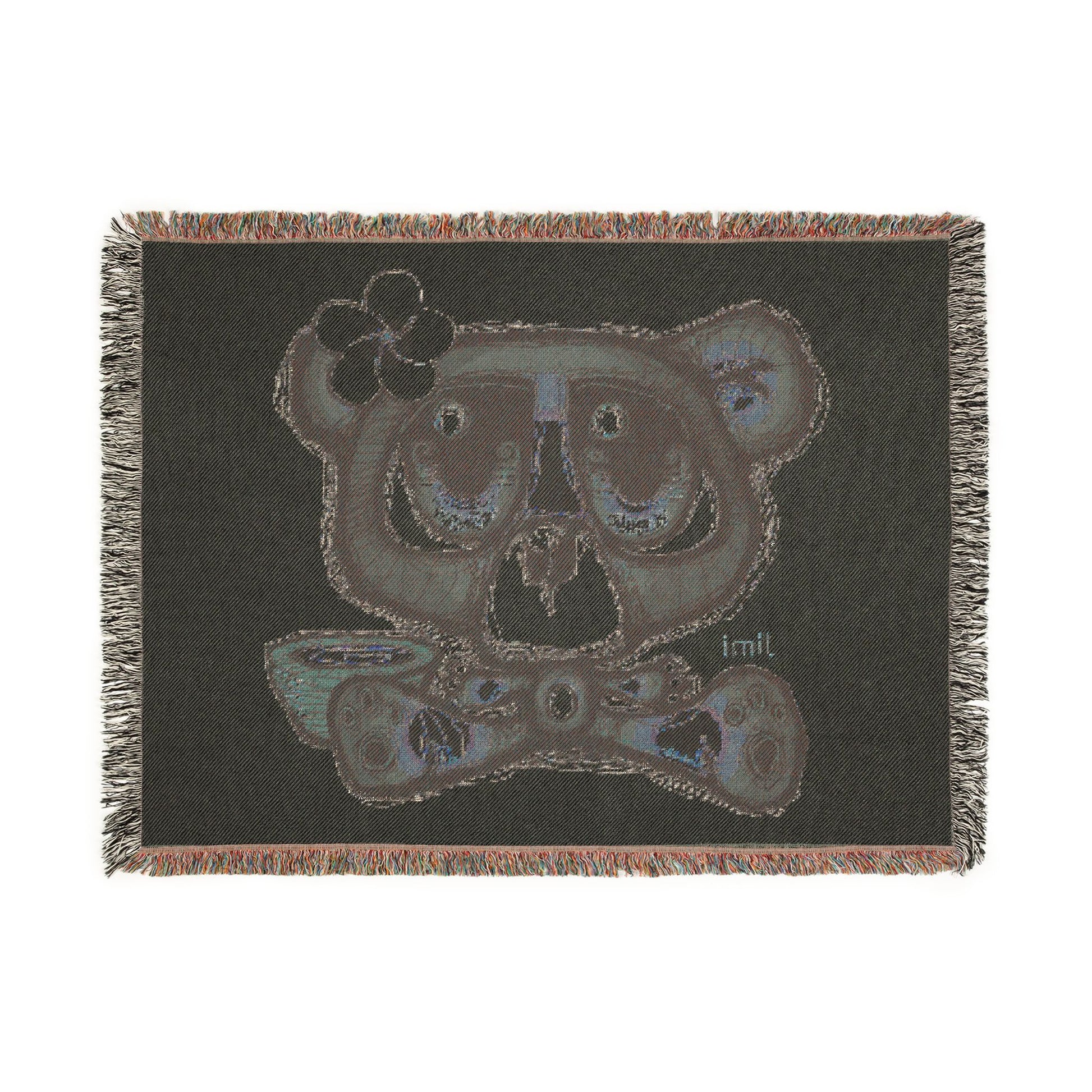 Woven Blanket — Cute Teddy Bear Skull Throw Blanket with Flower Accent