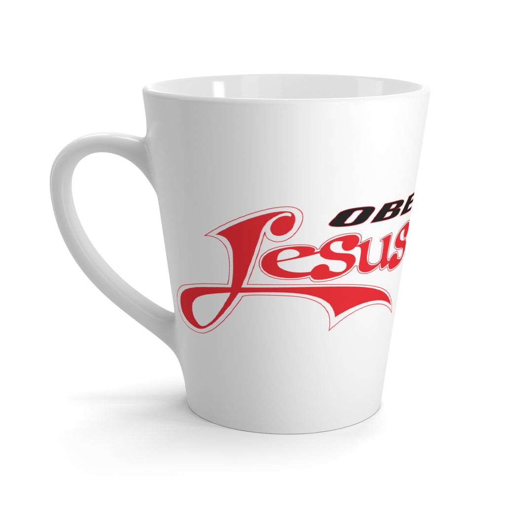 Latte Mug - "Obey Jesus' Christ" Red Script Christian Coffee Cup